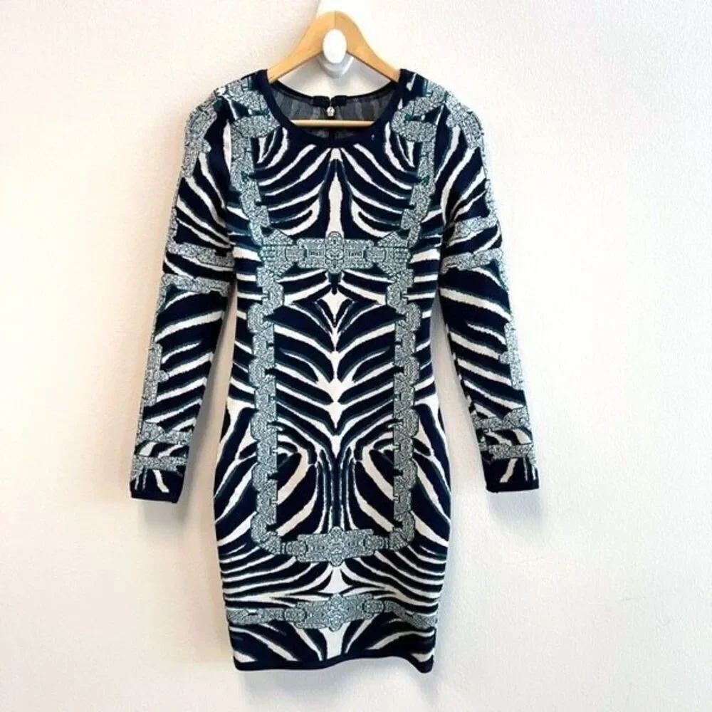 Long Sleeve Bodycon Mini Dress Size S Knit Zebra Black Blue Animal Print
